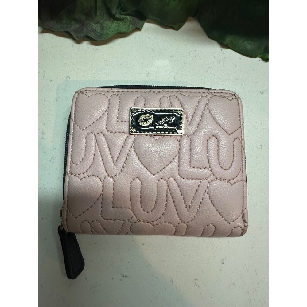 Betsey Johnson Luv Embossed Pink Wallet With Heart Pattern & Zip Closure